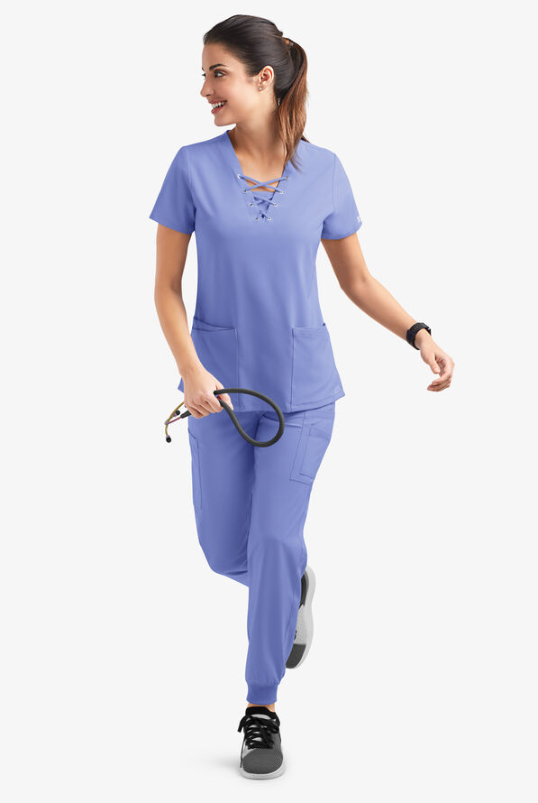Easy STRETCH Gisele Women's 4-Pocket Lace Up V-Neck Scrub Top - Ceil Blue - 6