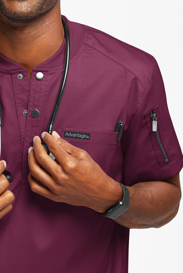 Advantage STRETCH Men's 2-Pocket Short Sleeve Henley Scrub Top - Wine - 3