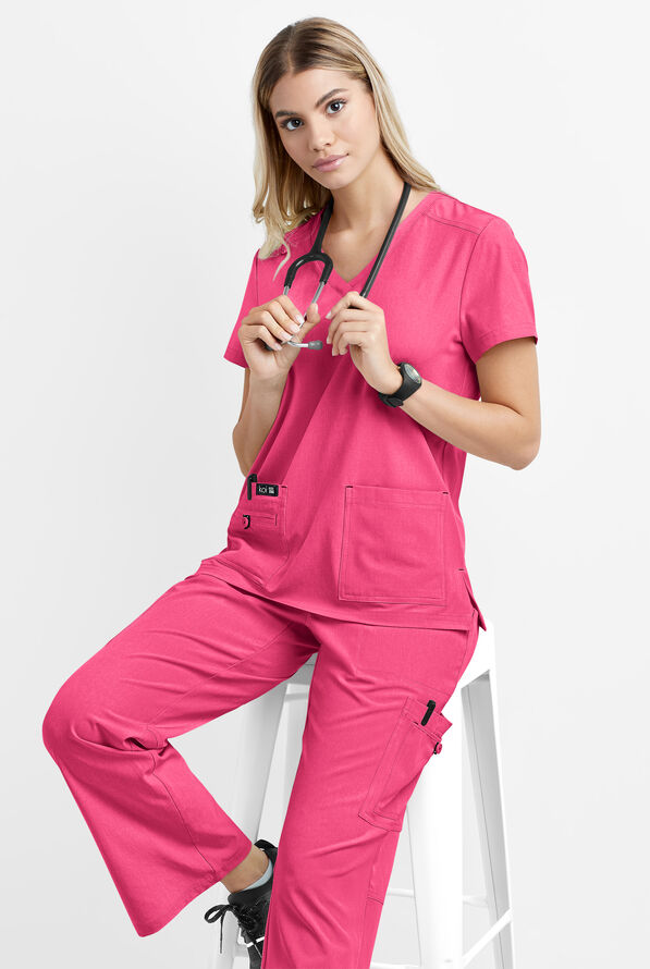 koi Basics Becca Women's 4-Pocket STRETCH V-Neck Scrub Top - Heather Pink Lemonade - 4