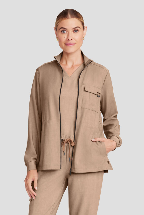 Healing Hands Quest Women's 4-Pocket STRETCH Zip Front Utility Scrub Jacket - Desert Taupe - 2