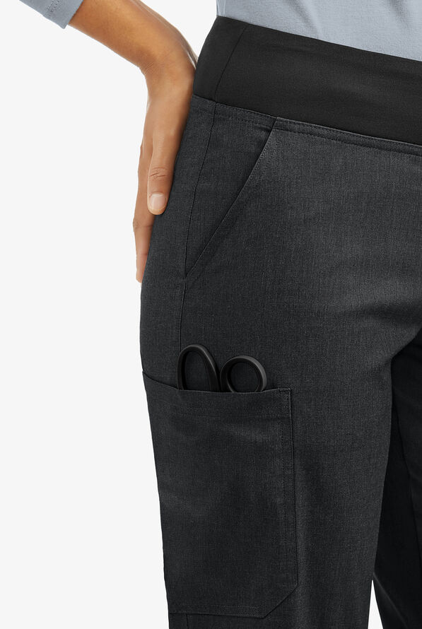 Butter-Soft STRETCH Women's 4-Pocket Knit Waistband Yoga Scrub Pants - Tall - Heather Charcoal/Black - 2