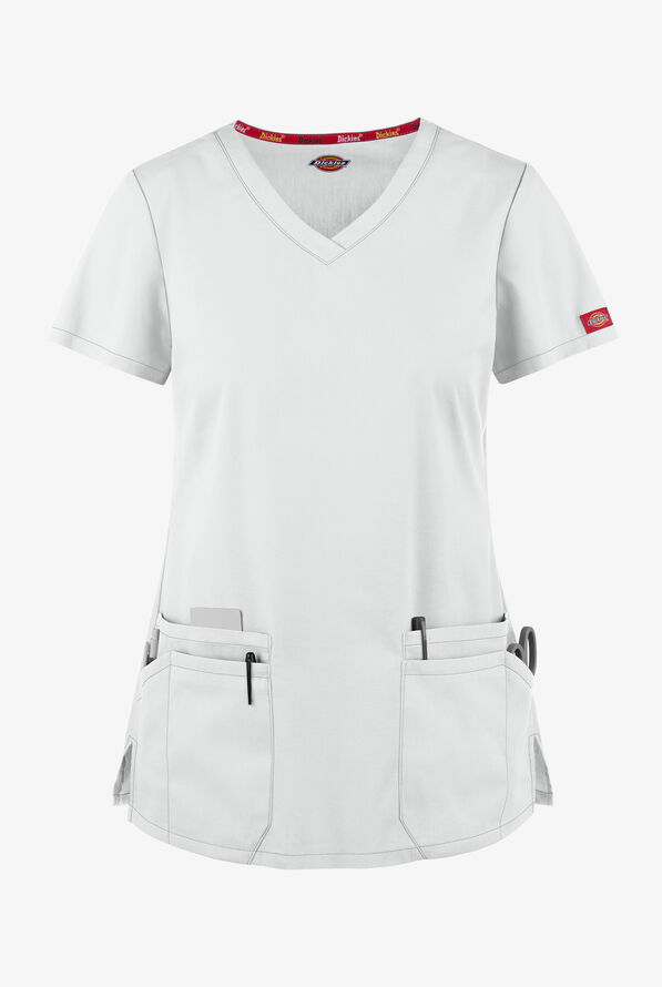 Blusa m&eacute;dica Dickies EDS Signature de corte contempor&aacute;neo con cuello en V y 6 bolsillos para mujer - White - 1