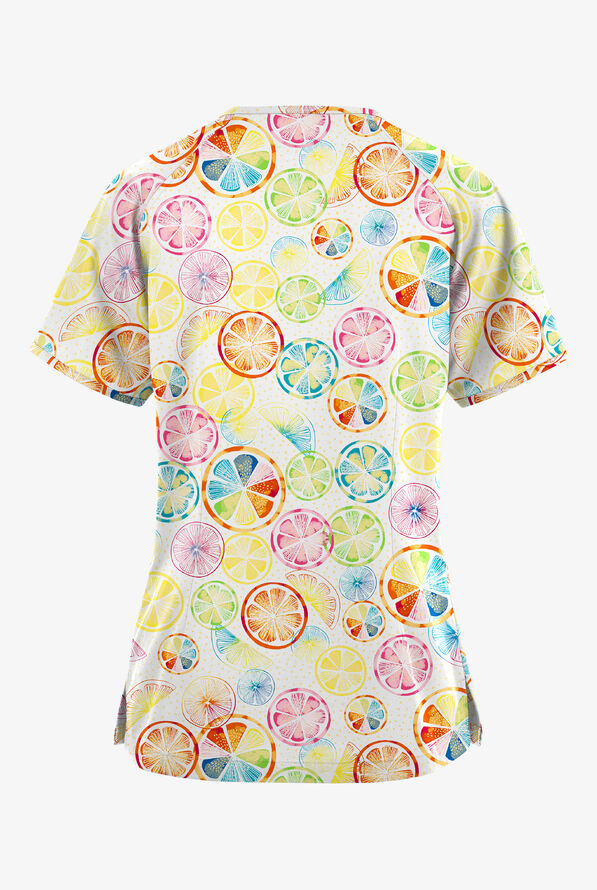 Butter-Soft Originals Citrus Slice Women's 3-Pocket Raglan Sleeve Mock Wrap Print Scrub Top - null - 2