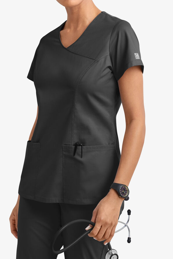 Butter-Soft STRETCH Women's 3-Pocket V-Neck Mock Wrap Scrub Top - Black - 2