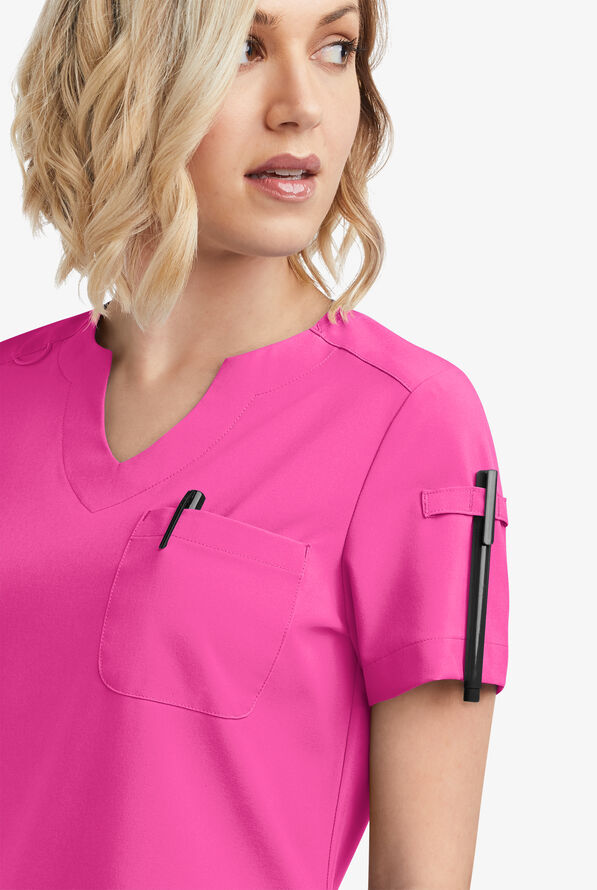 Easy STRETCH Nikki Women's 1-Pocket Scallop Neck Tuck-In Scrub Top - Glam Pink - 3