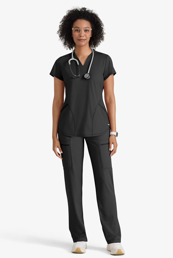 Grey's Anatomy by Barco Knit STRETCH Define Women's 2-Pocket Banded Notched V-Neck Scrub Top - Black - 3