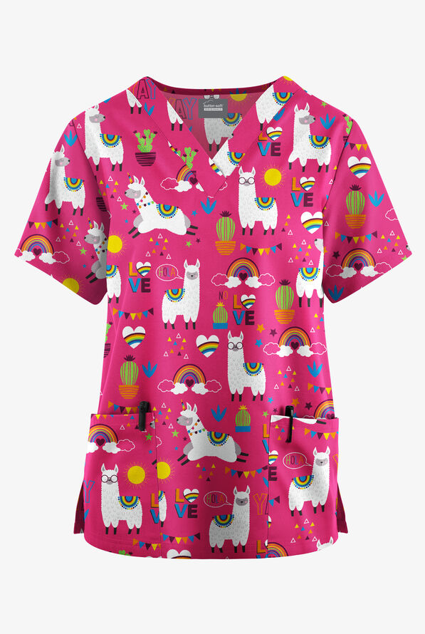Butter-Soft Originals Llama Love Fuchsia Women's 2-Pocket Classic Fit V-Neck Print Scrub Top - null - 1