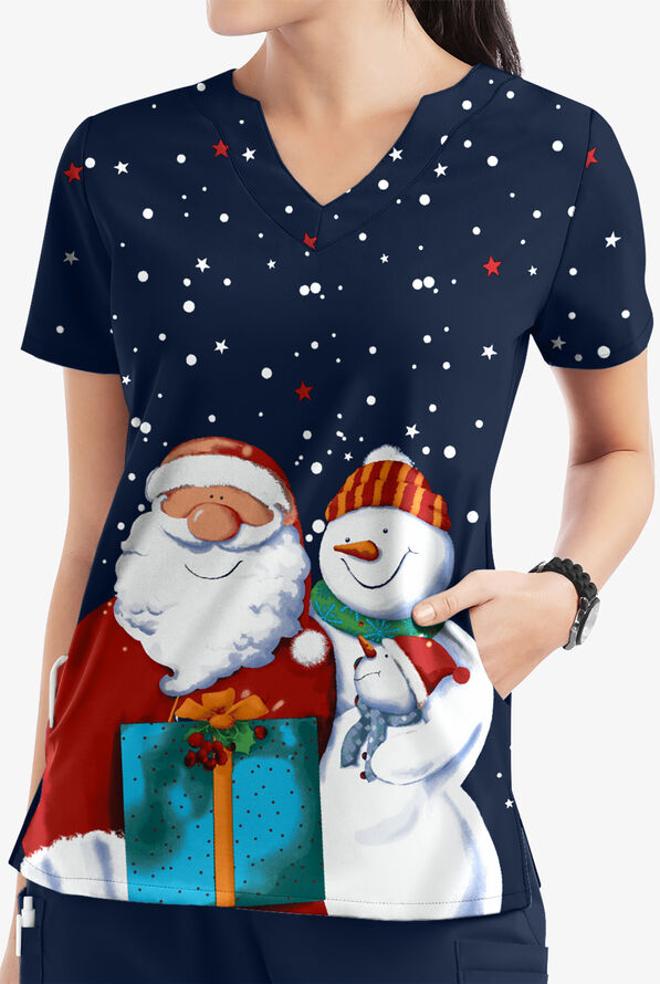 Butter-Soft Christmas Morning Navy Women's 2-Pocket Scallop Neck Print Scrub Top - null - 2