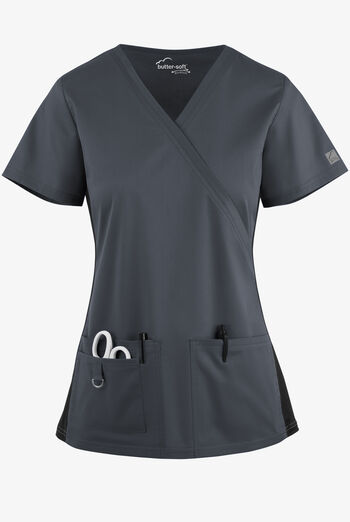 Blusa médica Butter-Soft STRETCH con paneles laterales de punto tejido y 3 bolsillos para mujer