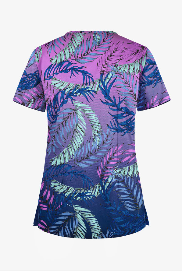 UA Butter-Soft STRETCH Palm Fronds Aqua Moon Women's 1-Pocket V-Neck Print Scrub Top - null - 2