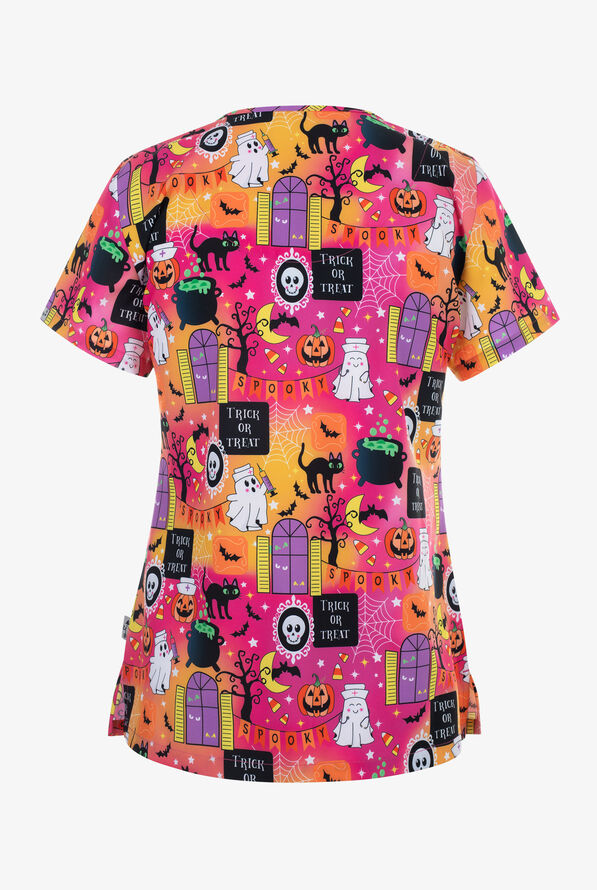Zavate Ava Therese Frightful Fun Women's 2-Pocket STRETCH V-Neck Print Scrub Top - null - 2