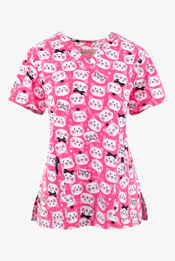 White Cross Cat Pack Women's 2-Pocket STRETCH V-Neck Print Scrub Top - null - 1