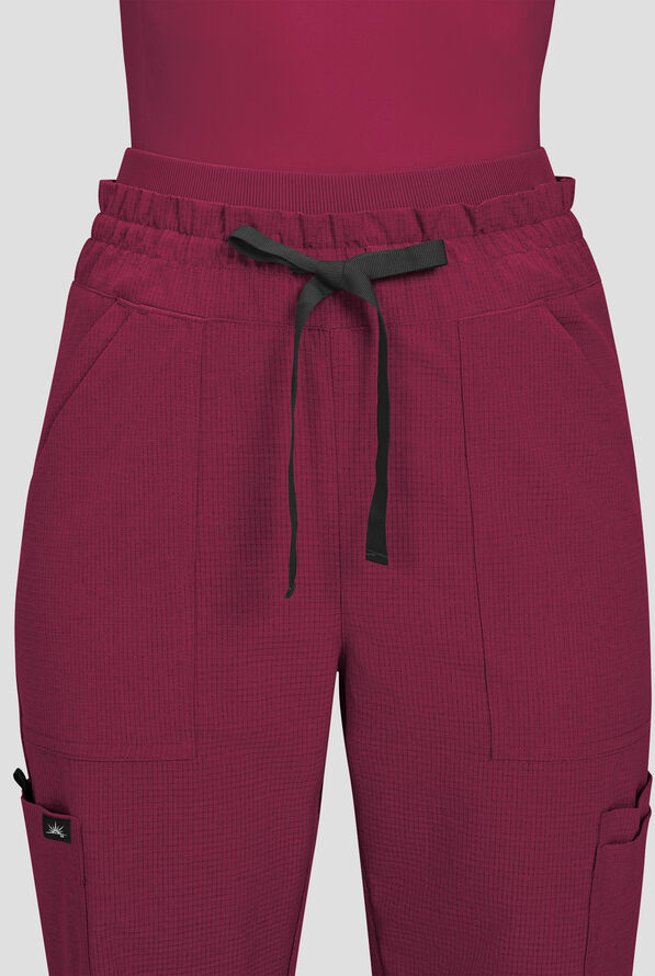 koi Solis Freda Women's 8-Pocket STRETCH Rib-Knit Double Waist Straight Leg Cargo Scrub Pant - Wine - 2