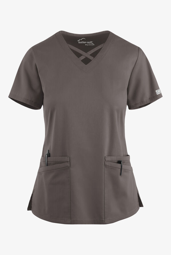 Butter-Soft STRETCH Women's 4-Pocket Crisscross Scrub Top - Cool Grey - 1
