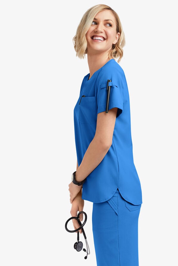 Blusa m&eacute;dica Easy STRETCH Nikki con cuello festoneado y 1 bolsillo para mujer - Cerulean - 2