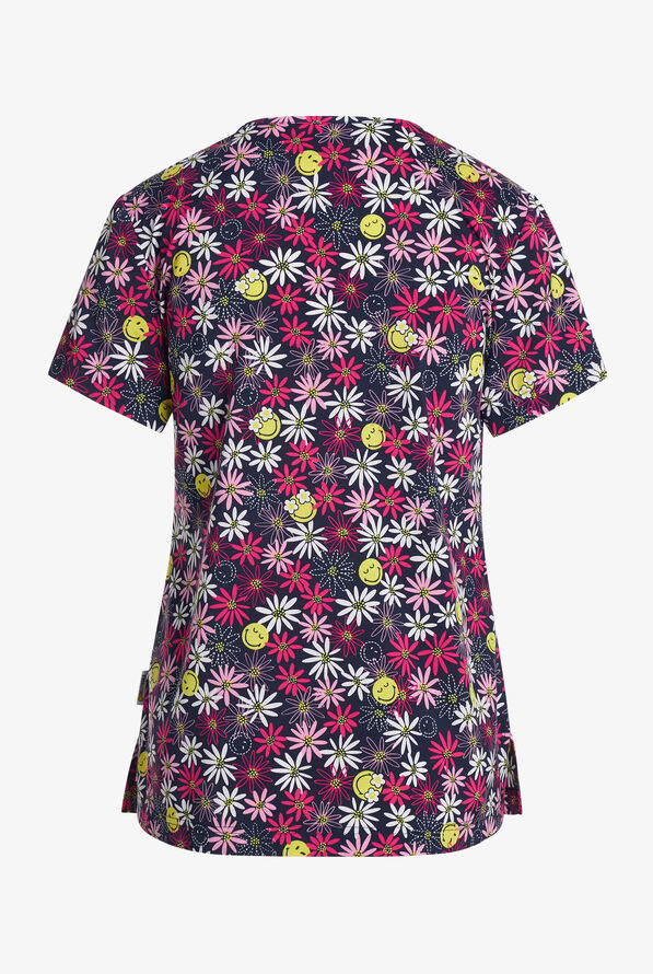 koi Smiley World Smile Daisy Women's 3-Pocket STRETCH V-Neck Print Scrub Top - null - 2