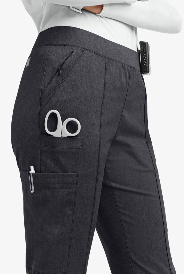 Butter-Soft STRETCH Women's 6-Pocket Pin-Tuck Crop Slim with Sport Trim Detail Scrub Pants - Heather Charcoal/Navy - 2