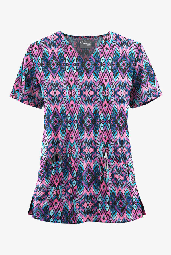 Butter-Soft STRETCH Cantik Ikat Women's 2-Pocket V-Neck Print Scrub Top - null - 1