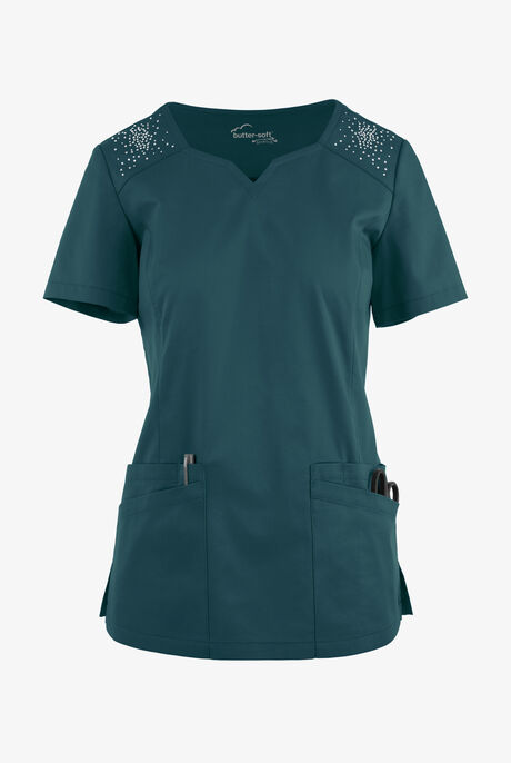 Butter-Soft STRETCH Women's 6-Pocket Crystal Bling Scrub Top