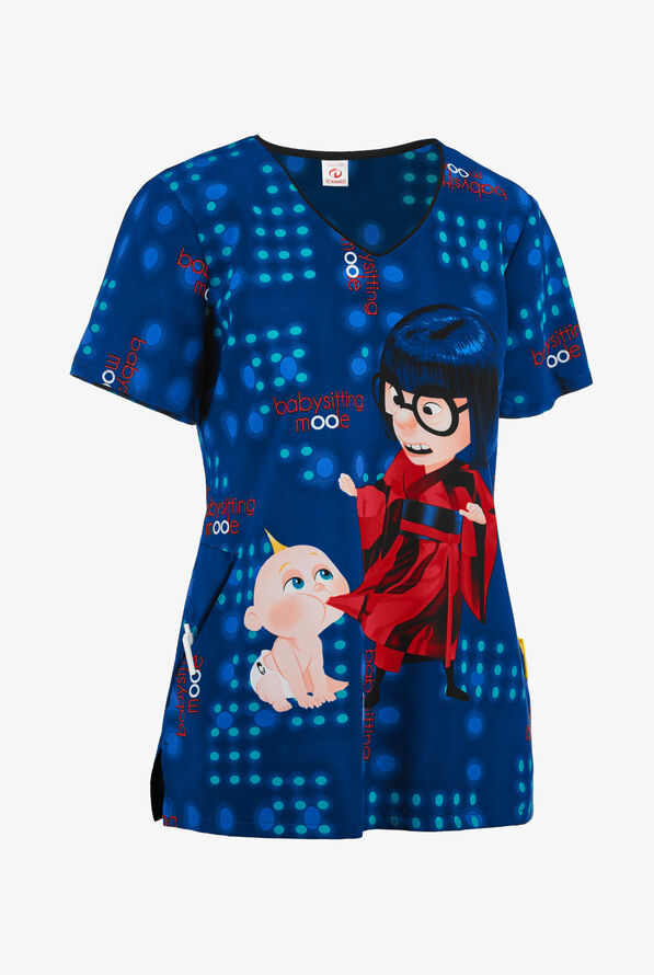 Cherokee Tooniforms Disney Pixar Babysitting Mode Women's 2-Pocket V-Neck Print Scrub Top - null - 3