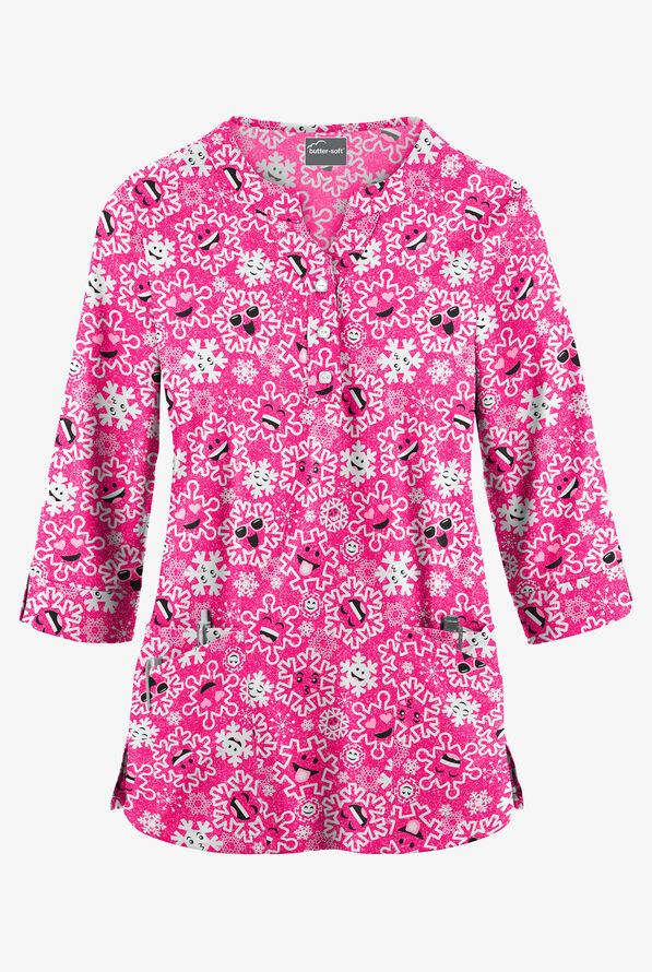 Butter-Soft Smiling Snowflakes Fuchsia Women's 2-Pocket Round Neckline Print Scrub Top - null - 1
