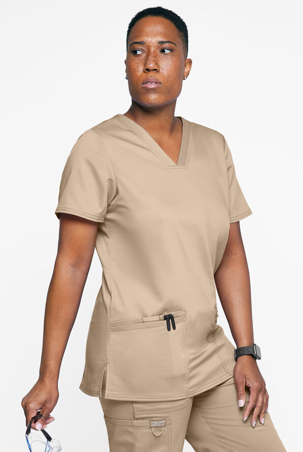 Cherokee Workwear Revolution Women's 3-Pocket STRETCH V-Neck Scrub Top - Khaki - 2