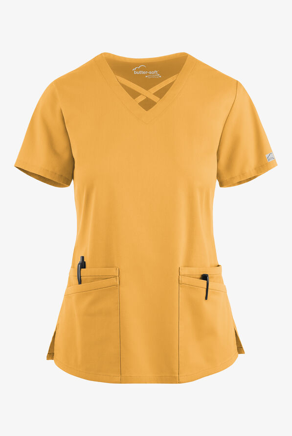 Blusa m&eacute;dica UA Butter-Soft STRETCH con lazos entrecruzados y 4 bolsillos para mujer - Apricot Sunset - 1