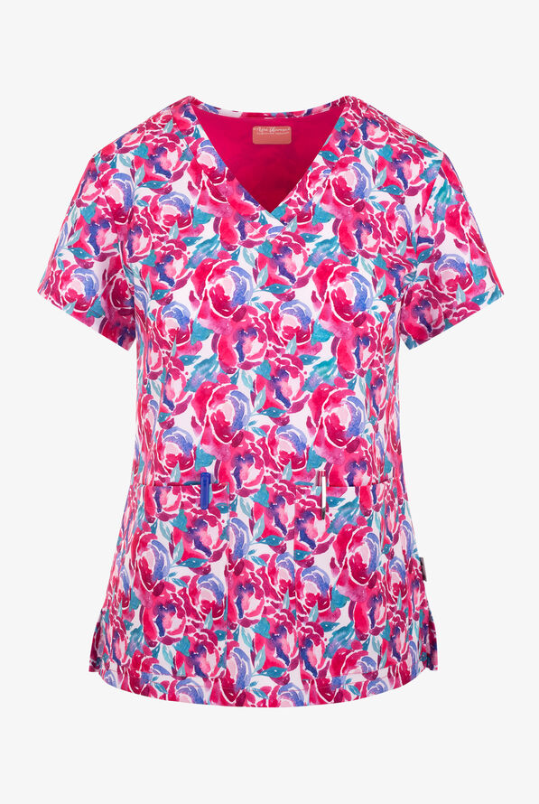 Zavate Ava Therese Awesome Blossoms Women's 2-Pocket STRETCH V-Neck Print Scrub Top - null - 1