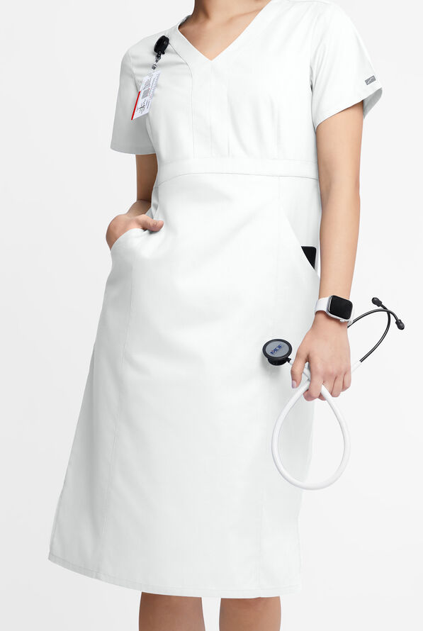 Butter-Soft Originals Women's 4- Pocket V-Neck Empire Waist Dress - White - 1