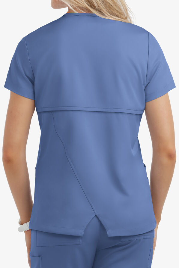 Lauderdale by UA Solar Women's 4-Pocket V-Neck Mock Wrap STRETCH Scrub Top - Ceil Blue - 3