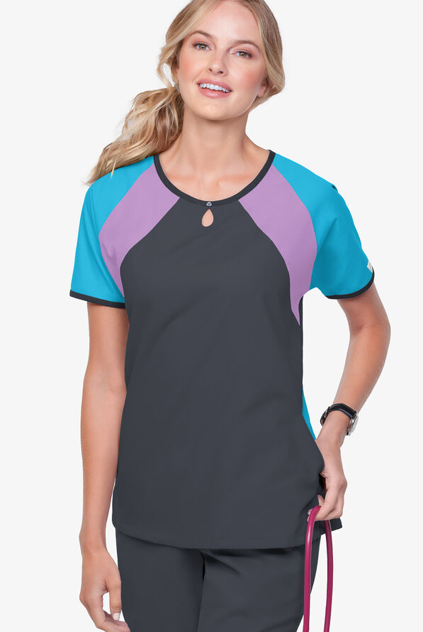 Butter-Soft Core Color Block Women's 2-Pocket Keyhole Scrub Top - Pewter/Turquoise/Orchid - 2