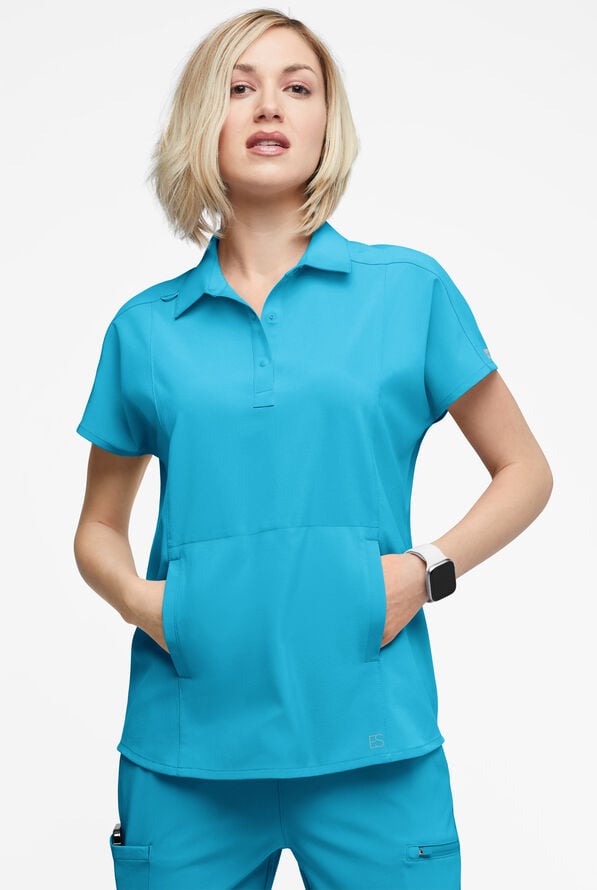 Easy STRETCH LEA Women's 3-Pocket Polo Collar Scrub Top - Turquoise - 2