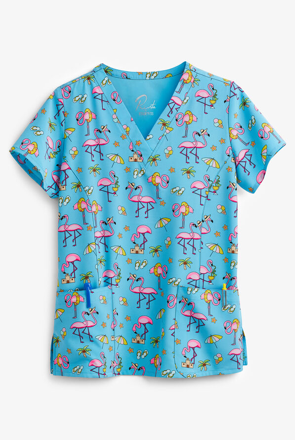 Maevn Flamingo Beach Beauties Women's 3-Pocket V-Neck Print Scrub Top - null - 1