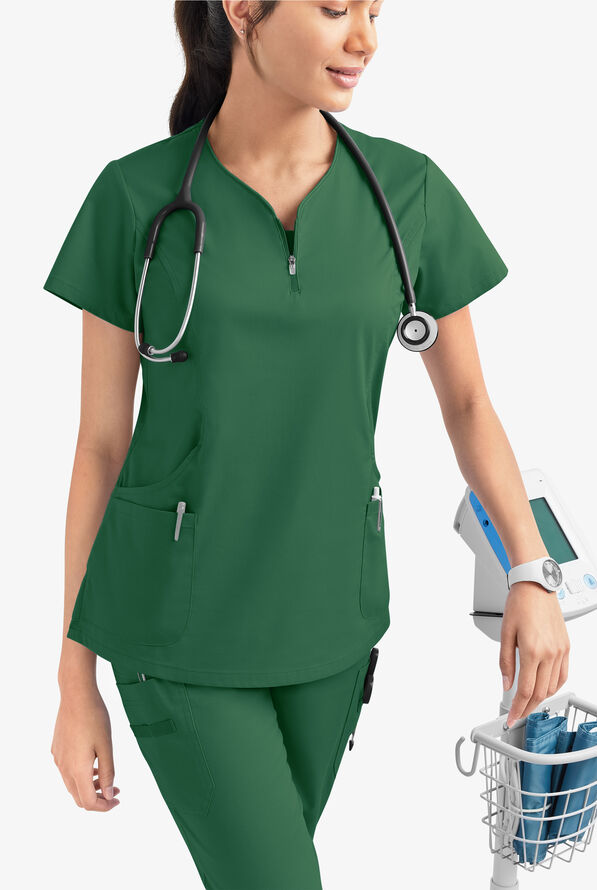 Butter-Soft STRETCH Women's 4-Pocket Curved Neck Zipper Scrub Top - Hunter - 6