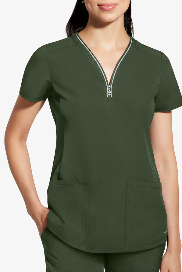 Healing Hands 360 Sonia Women's 3-Pocket STRETCH Reflective Y-Neck Zip Scrub Top - Dark Pine - 2