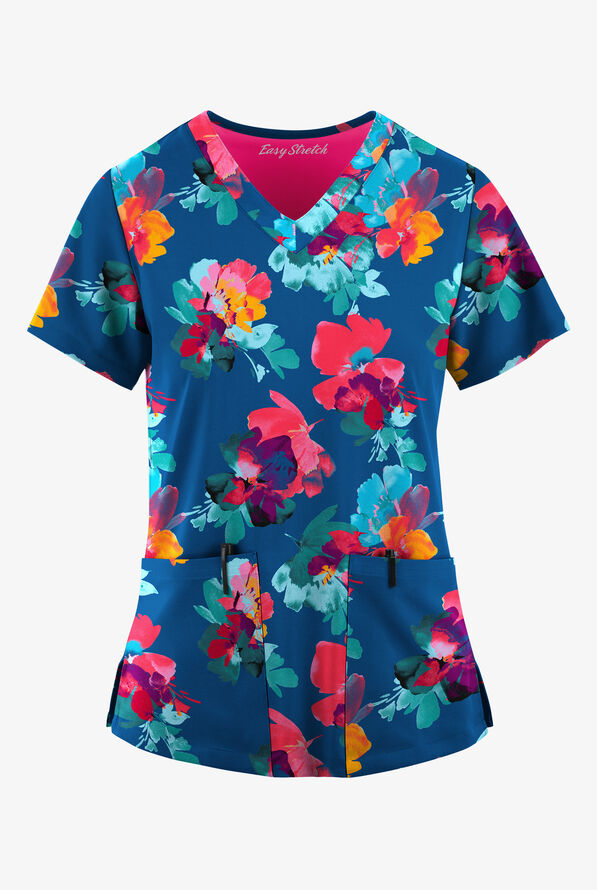 Swift Floral Peach Blue Scrub Top