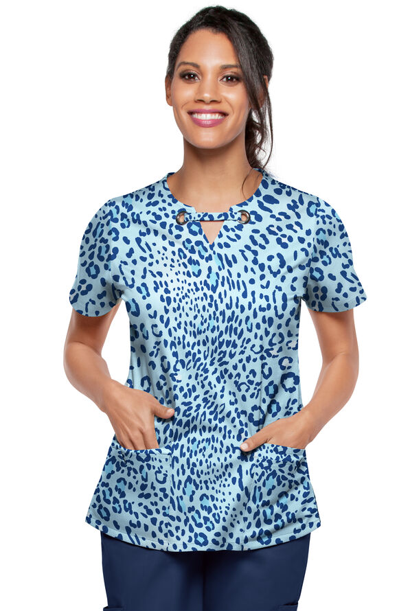 Strictly Scrubs STRETCH Summer Animal Royal Women's 4-Pocket Grommet Neck Print Scrub Top - null - 2
