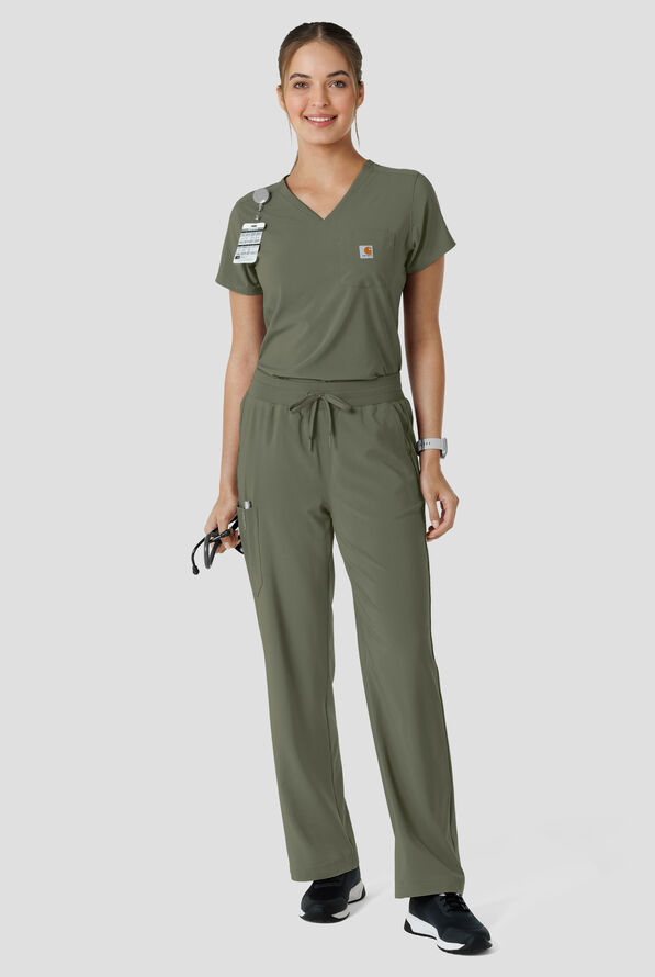 Pantal&oacute;n m&eacute;dico Carhartt Cross-Flex Force STRETCH de corte acampanado estilo cargo con cord&oacute;n convertible y 6 bolsillos para mujer - Olive - 5
