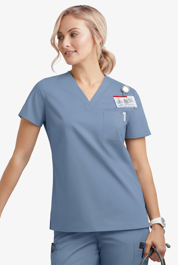 Blusa médica Butter-Soft STRETCH con cuello en V y 2 bolsillos para mujer - Indigo Batik - 3