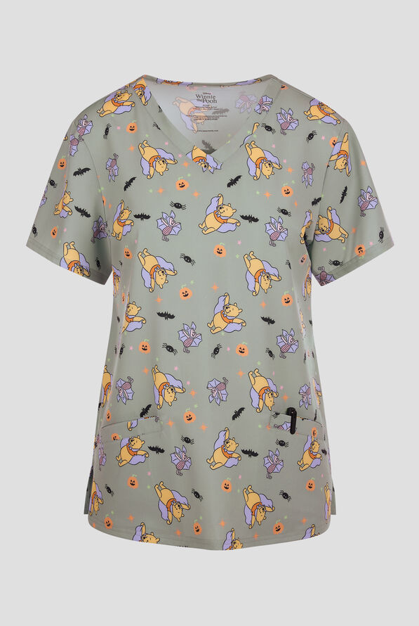 Blusa médica estampada Disney's Winnie the Pooh Halloween by Funscrubs STRETCH con cuello en V y 2 bolsillos para mujer - null - 1