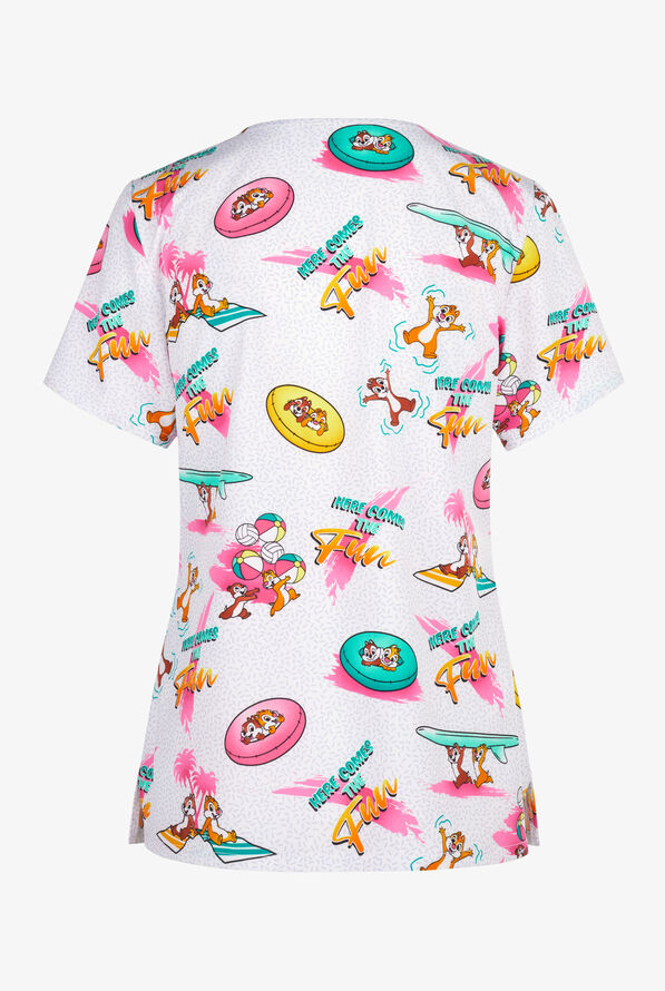 Tooniforms Disney's Chip N' Dale Beach Fun Women's 3-Pocket STRETCH V-Neck Print Scrub Top - null - 2