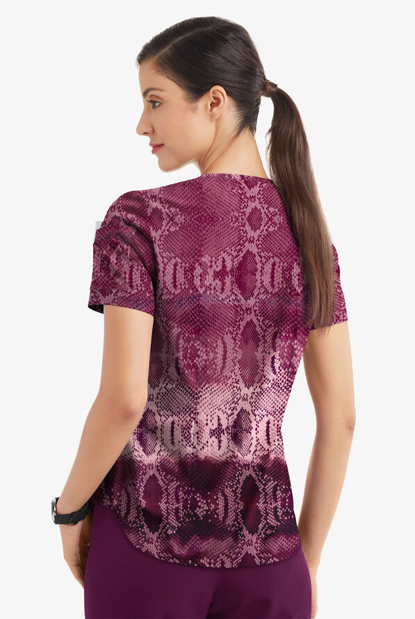 Easy STRETCH Wild Border Wine Women's 2-Pocket V-Neck Tuck-In Print Scrub Top - null - 3