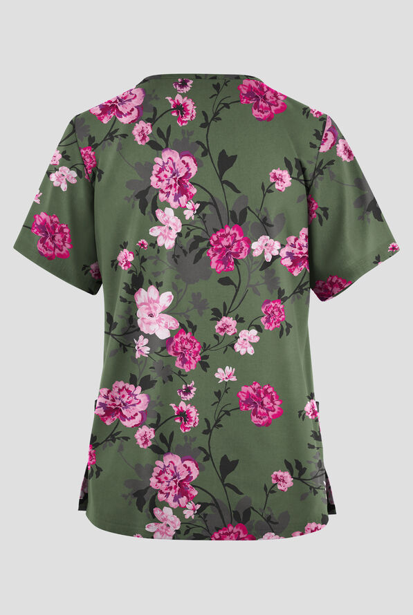 Butter-Soft Originals Rose Dream Vine Light Olive Women's 2-Pocket V-Neck Print Scrub Top - null - 2