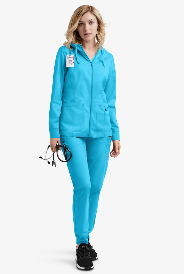 Butter-Soft STRETCH Women's 3-Pocket Zip-Front with Cozy Knit Hood and Trim Scrub Jacket - Turquoise - 2