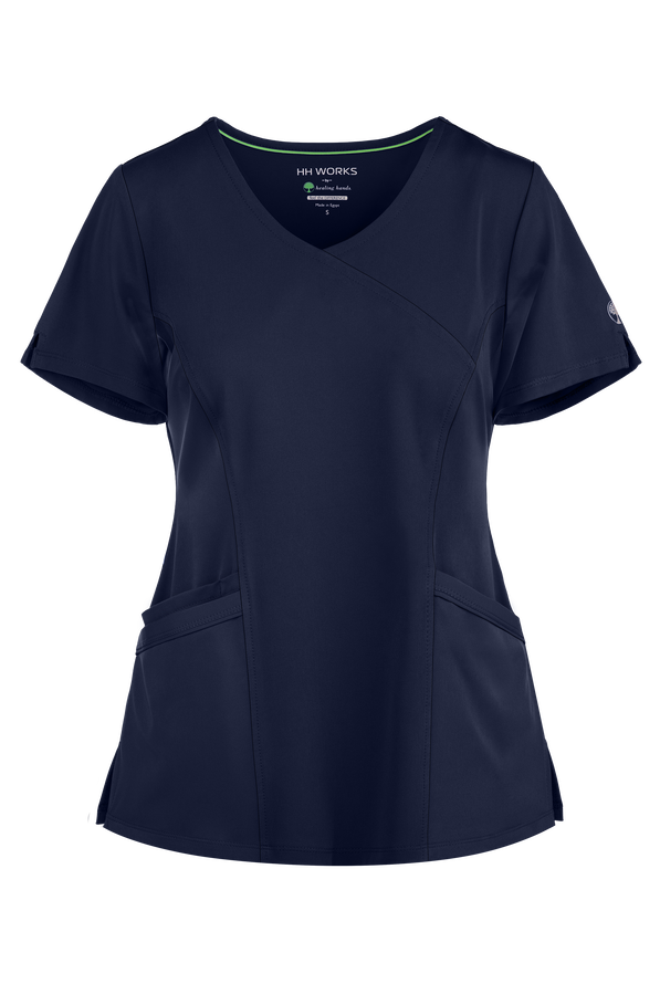 HH Works by Healing Hands Madison Women's 4-Pocket STRETCH Mock Wrap Scrub Top - Navy - 1