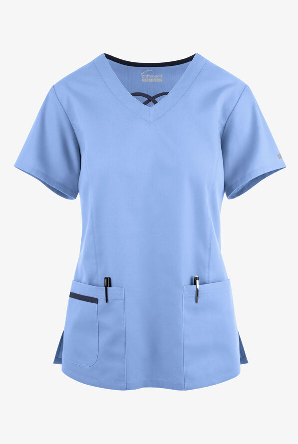 Blusa médica Butter-Soft Originals con cuello entrecruzado en contraste y 3 bolsillos para mujer - Ceil/Navy - 1