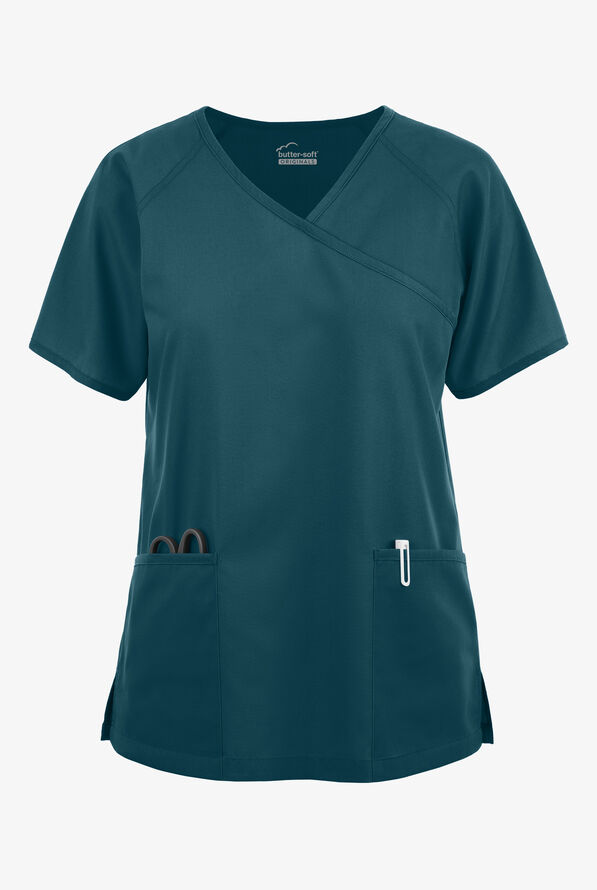 Butter-Soft Originals Women's 3-Pocket Mock Wrap Raglan Sleeve Scrub Top - Caribbean Blue - 1