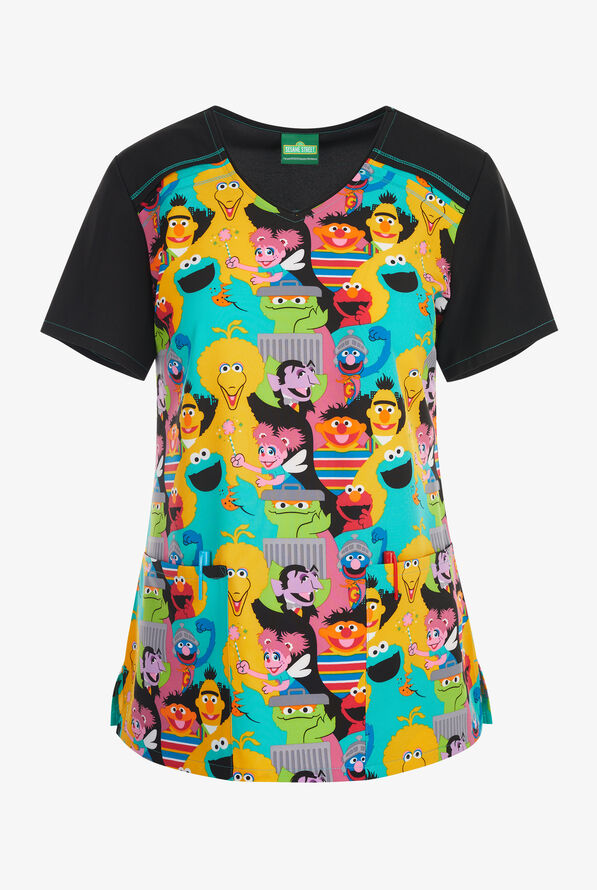 Tooniforms Disney's Sesame Street The Whole Gang Women's 2-Pocket STRETCH V-Neck Print Scrub Top - null - 1