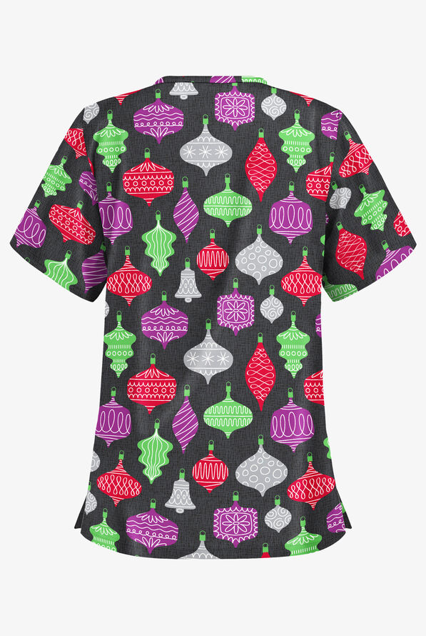 Butter-Soft Festive Ornaments Women's 2-Pocket Relaxed Fit V-Neck Print Scrub Top - null - 2