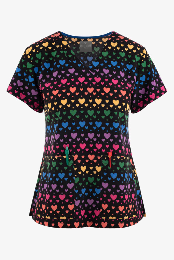 Med Couture Rainbow Heart Women's  2-Pocket STRETCH V-Neck Print Scrub Top - null - 1